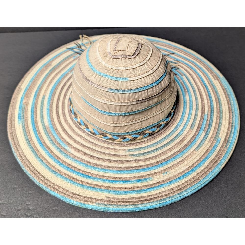 Island Beach Floppy Sun Hat Beach Headwear OS Wide Brimmed Striped Braid Cruise